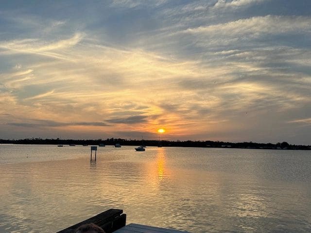 Sunset at Pete's Pier (windy days/choppy waters during our stay, glad not to be on mooring ball)