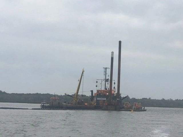 Narrow passage by a dredging operation en route from St. Augustine to Jekyll Island.