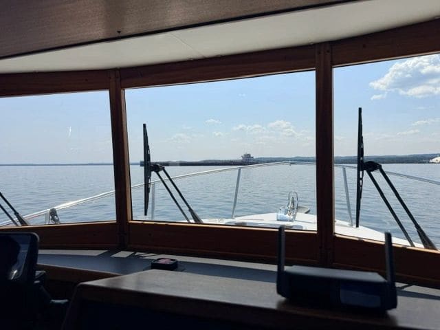 Nearing Marquette - letting the freighters coming out of Presque Isle (Lake Superior) pass us by.