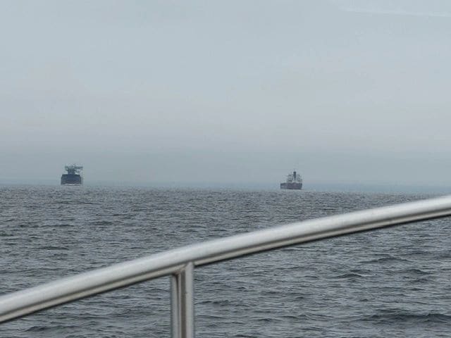 Fog is back. Staying out of the way all morning of freighters going to and coming from the locksut of the locks.