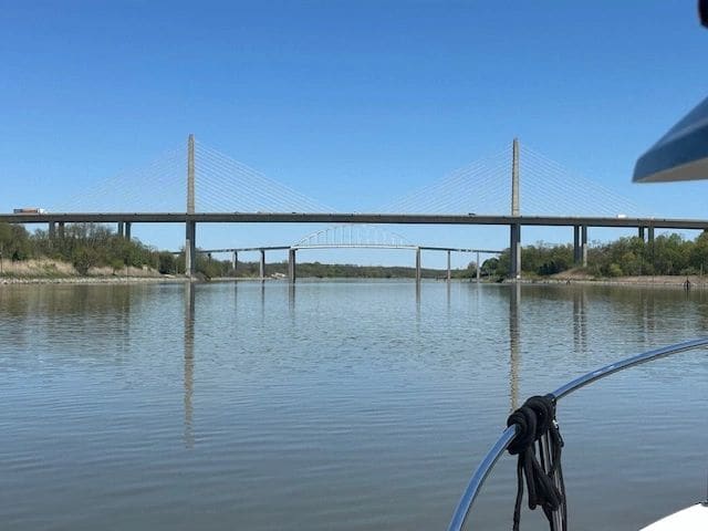 Now in Delaware -- the Chesapeake and Delaware Canal bridge (foreground) and the St. Georges bridge